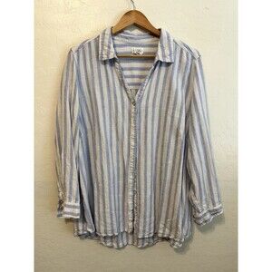 Nicole Miller New York Womans Striped Button Up Top Size 2X Linen Boho Beachy